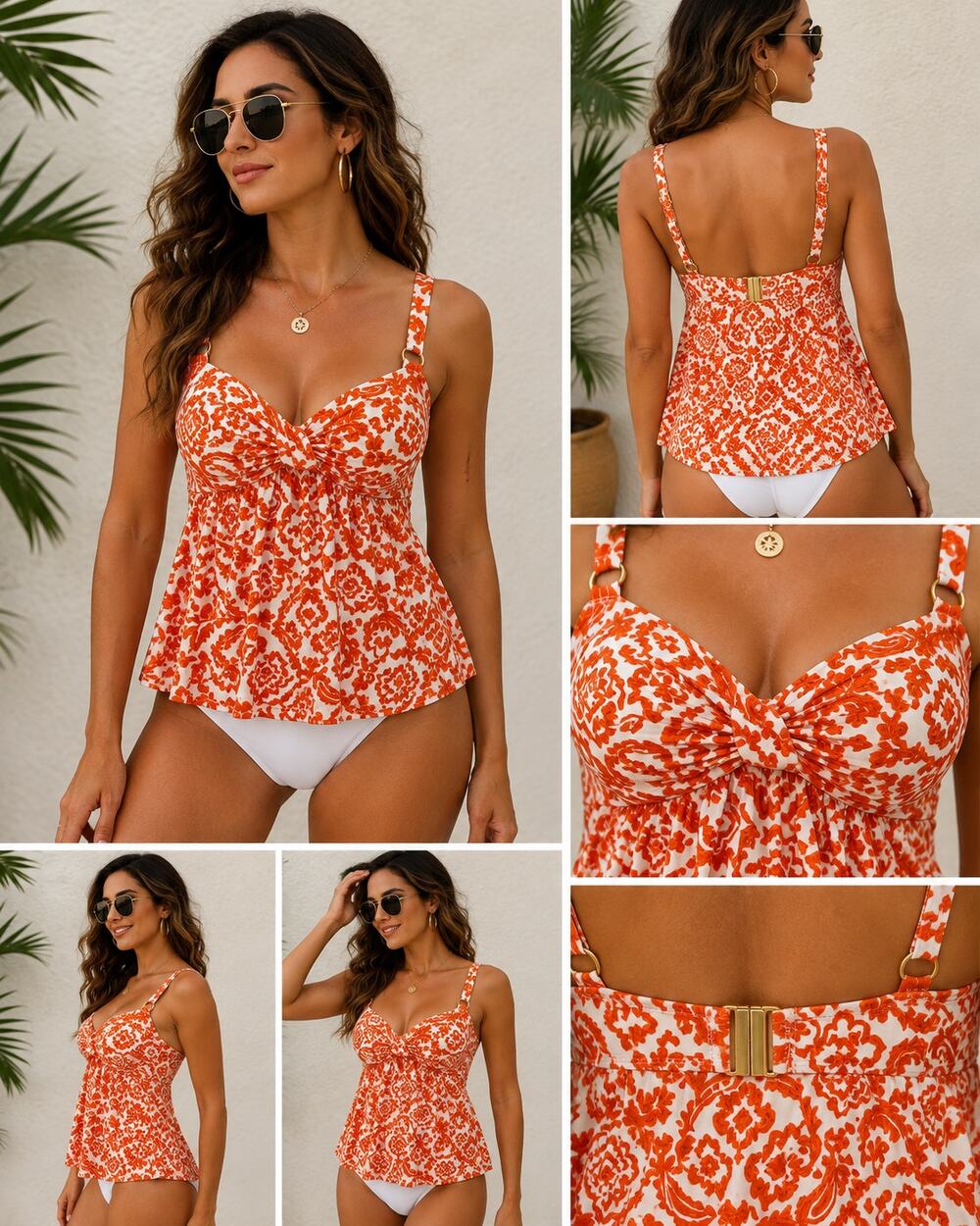 ALEX MARIE Orange White Paisley Tankini Swim Top Size 12 Tummy Control Ruched